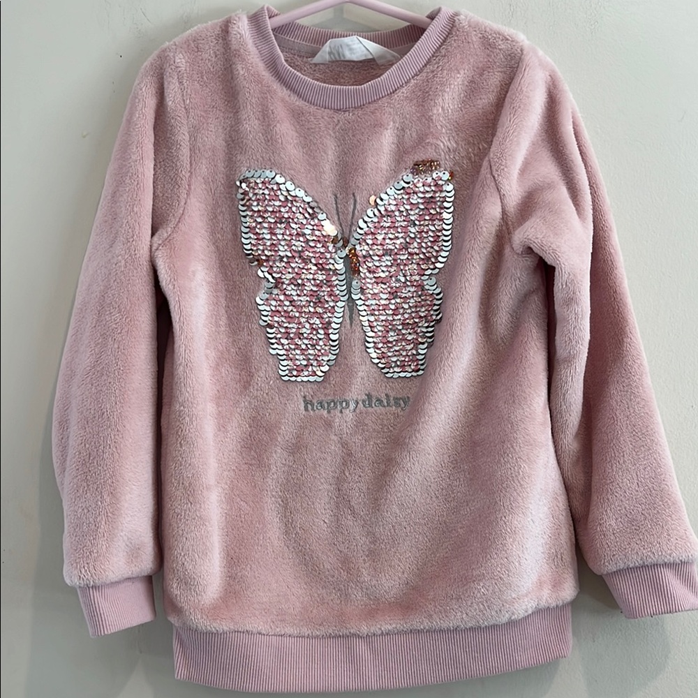 H&M Girls Pink Sequin Butterfly Kids Sweatshirt Size 4-6 - Picture 3 of 7
